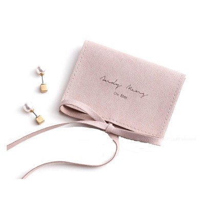 Custom pink suede button jewellery envelope ribbon pouch with embossed logo